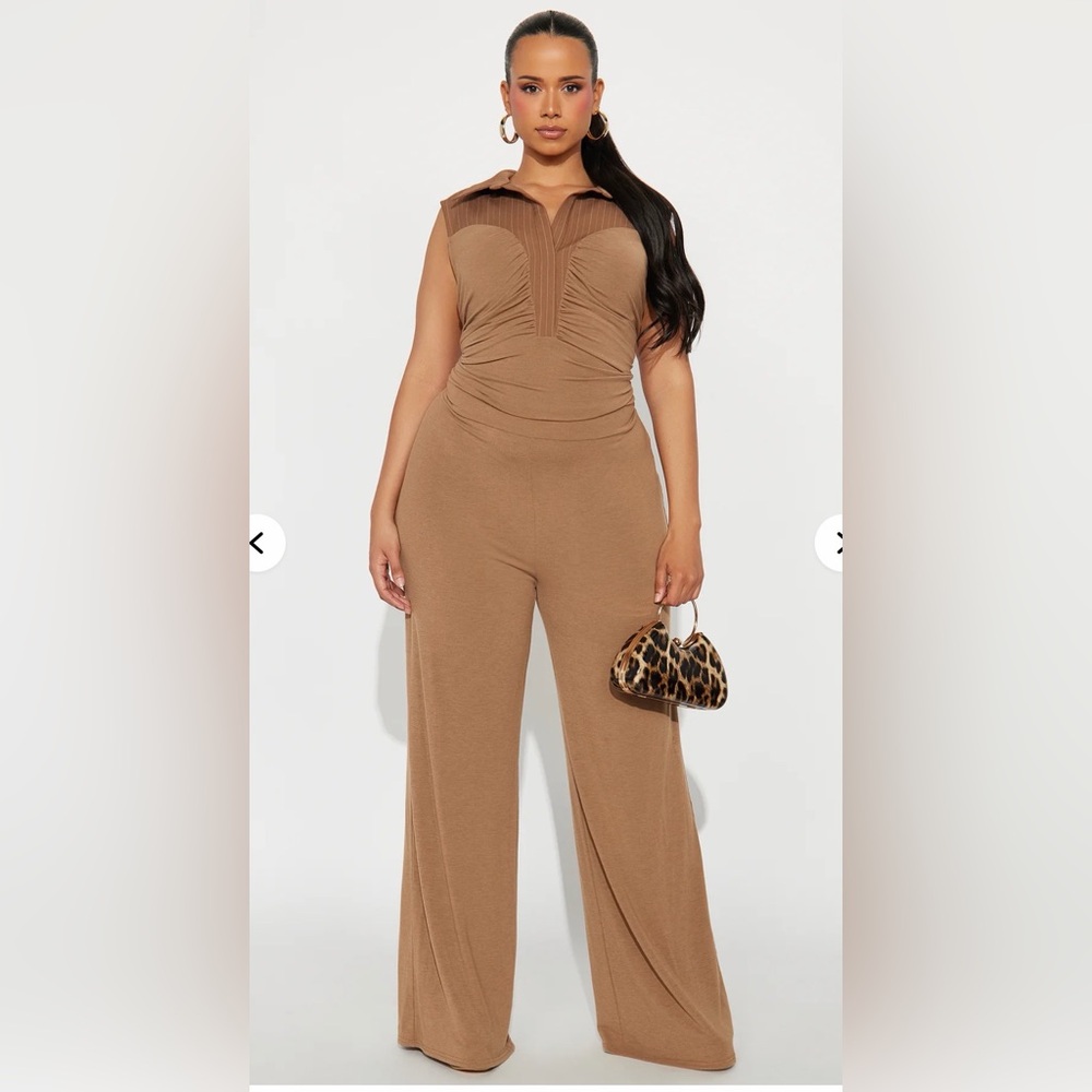 Sleeveless Ruched Collared jumpsuit- Brown